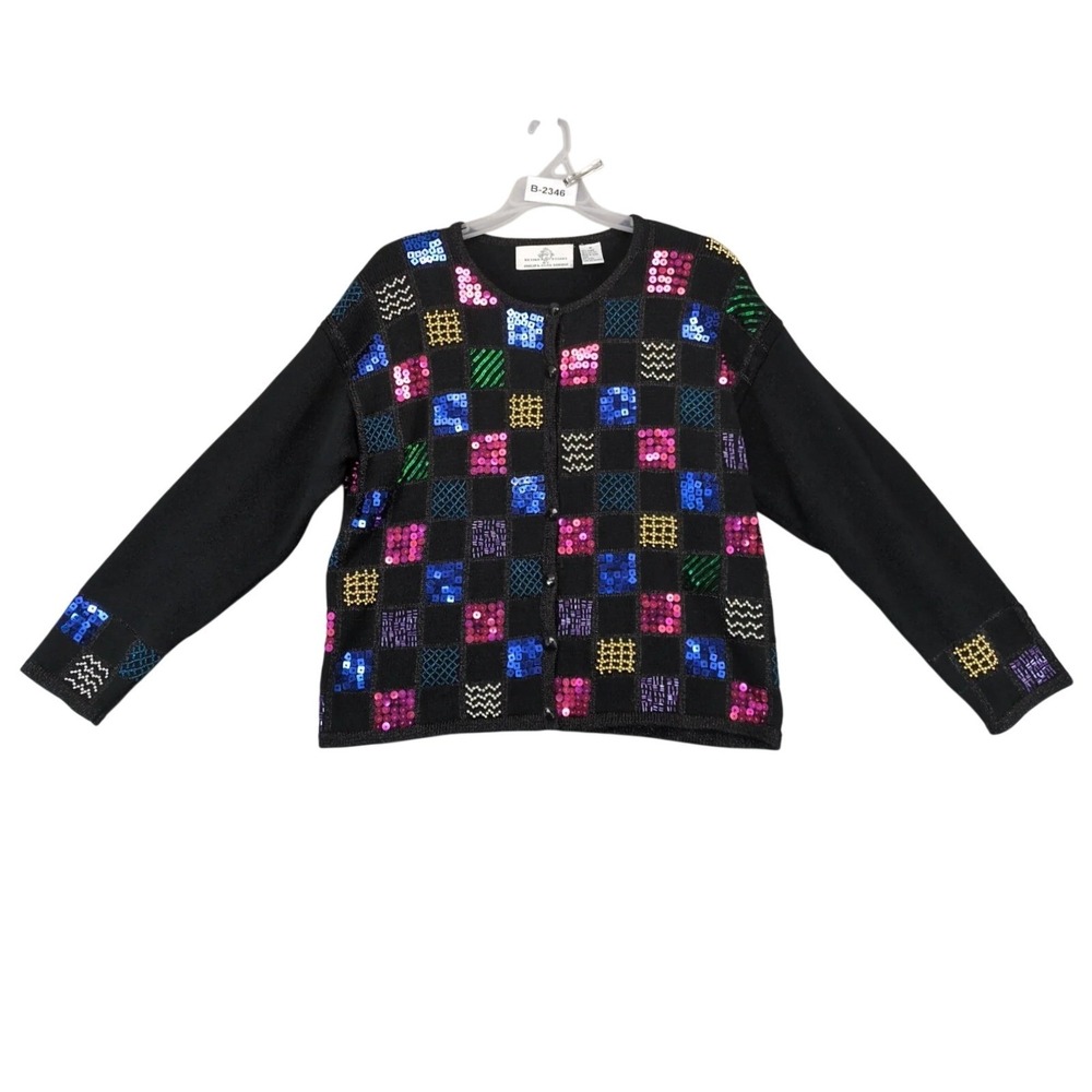 Vintage 90s Design Options Black Beaded Checker Cardigan Sweater Womens M Sequin